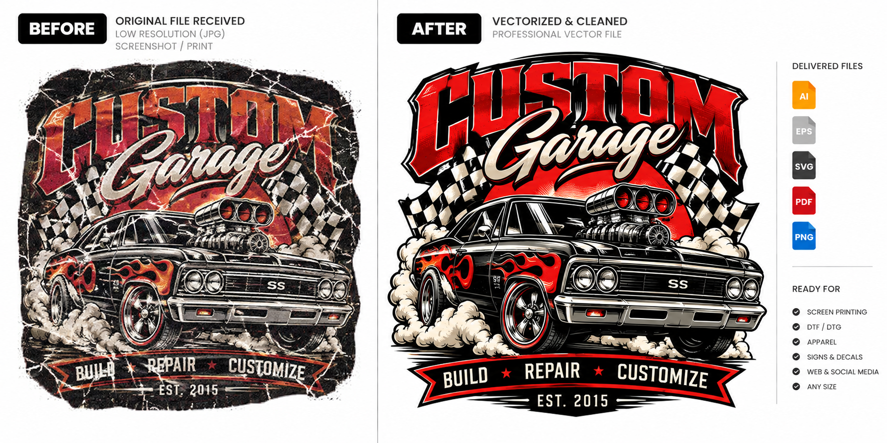 Fictional Custom Garage demonstration showing distressed car artwork beside a clean structured redraw